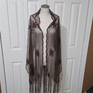 Source Unknown Brown Sheer Embroidered Fringe Shawl Wrap